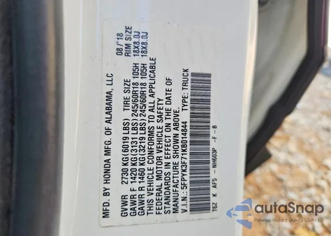 2019 Honda Ridgeline Rtl z USA, uszkodzony, nr VIN 5FPYK3F71KB014844